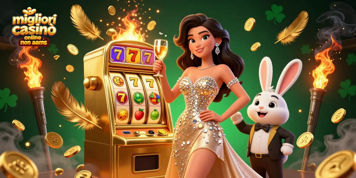 Scopri l'emozione dei migliori casinò online non AAMS con una donna straordinaria che brinda vicino a una slot machine con jackpot.