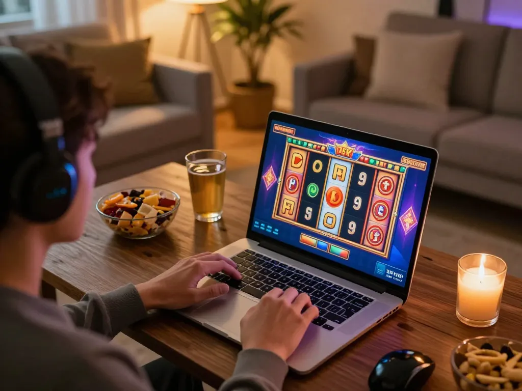 Engaging player enjoying situs slot games on a laptop in a cozy home setting