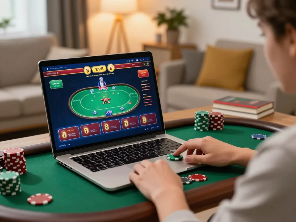 Engaging online casino scene with 3win actor placing strategic bets on a laptop in a cozy home setting.