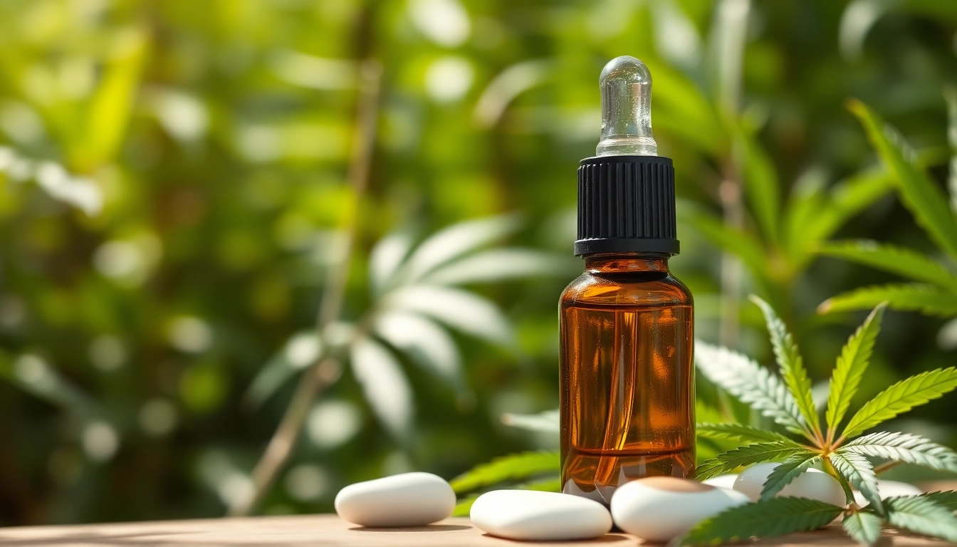 Highlighting CBD oil dropper surrounded by green hemp leaves, promoting natural wellness.