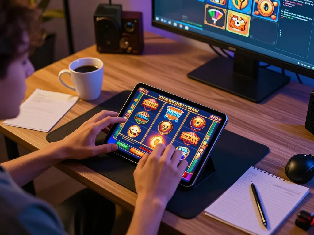 Engaged player interacting with colorful slot gacor games on a tablet in a cozy home setup, emphasizing strategic online gambling.