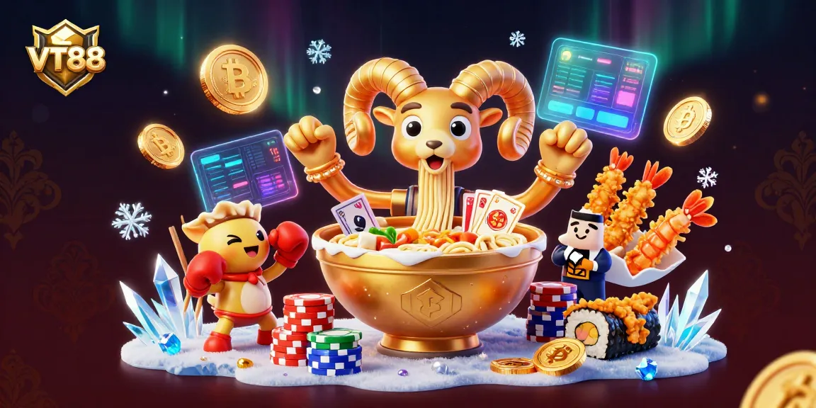 Engage with the vibrant VT88 casino scene featuring a golden ramen bowl dealer and cryptocurrency elements.