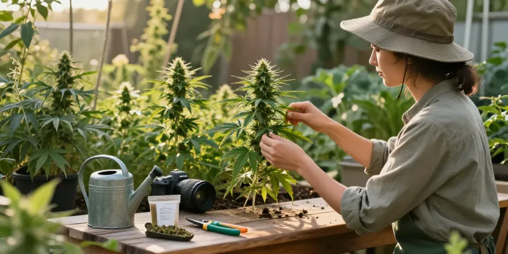 Feminisierte Cannabissamen kaufen with a gardener caring for THC plants in lush garden.