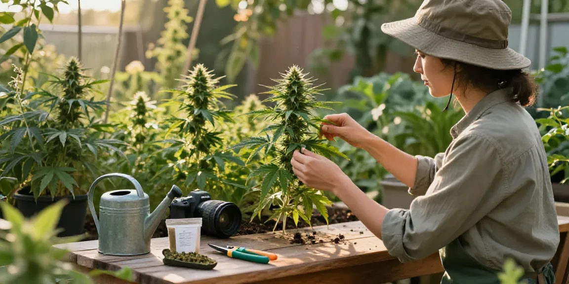 Feminisierte Cannabissamen kaufen with a gardener caring for THC plants in lush garden.