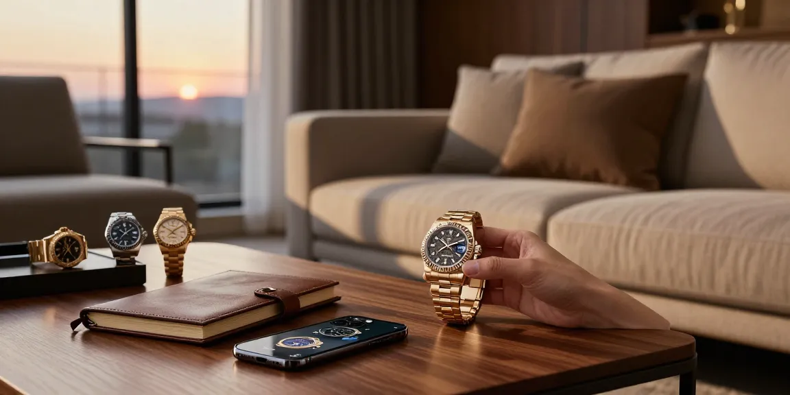 Person admiring a detailed rolex replica watch in a stylish living room, showcasing luxury and sophistication.
