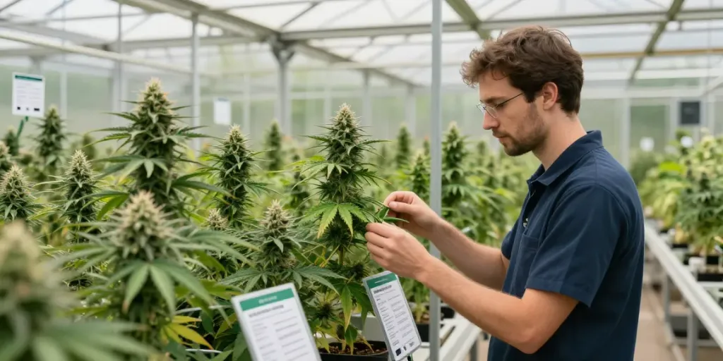 Triploid cannabis genetics showcased in a modern greenhouse.