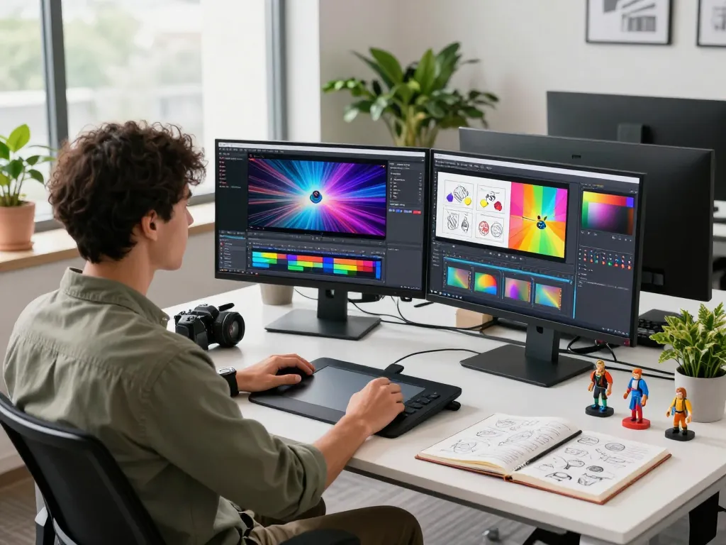 Creative professional using Seedance 2.0 in a modern workspace surrounded by vibrant storyboards and technology.
