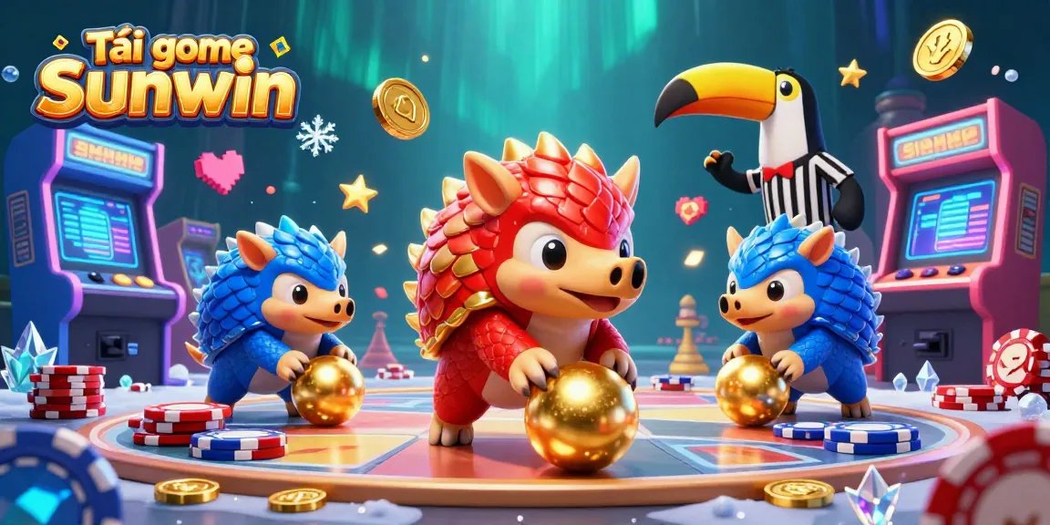 Tải game Sunwin features a dynamic 3D scene with pangolins in a casino-like atmosphere.