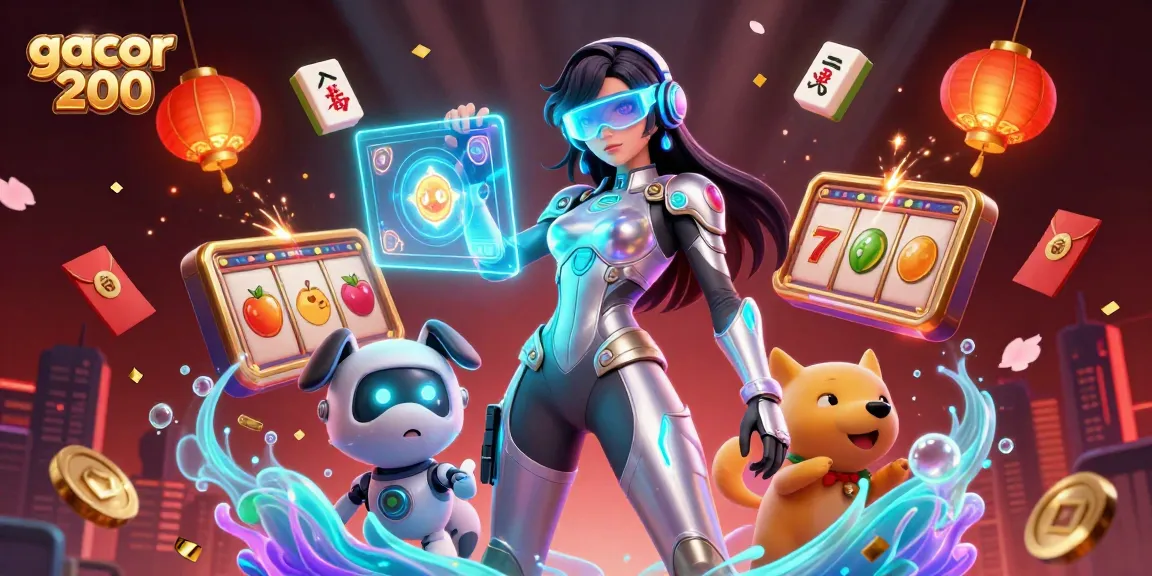 Play exciting casino games with gacor 200 featuring vibrant characters, slot machines, and festive elements.