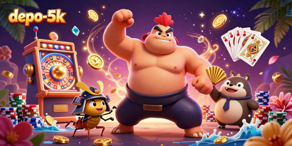 Engage with depo-5k in a vibrant 3D casino scene full of colorful elements and jackpots.