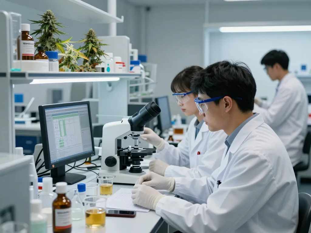 WeeDutch scientists analyzing cannabinoid extracts in a modern laboratory setting.