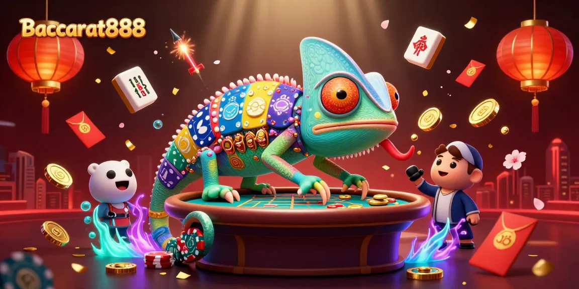 Baccarat888 chameleon casino owner captivates with vibrant 3D illustration, surrounded by luck and excitement.