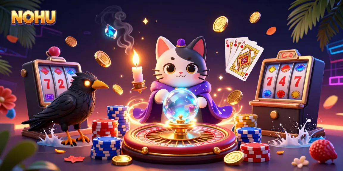 Engage with NOHU's vibrant casino scene featuring a mystic fortune teller cat, a raven, and dynamic game elements.