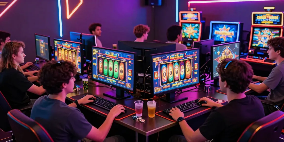 Diverse players engaging with slot depo 5000 games in an exciting gaming environment filled with vibrant colors and interactive stations.
