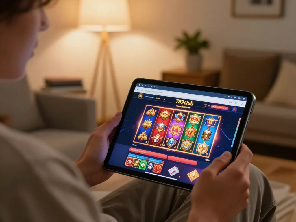 Engaging with the 789club chính thức mobile interface in a cozy home setting, showcasing strategic online gambling.