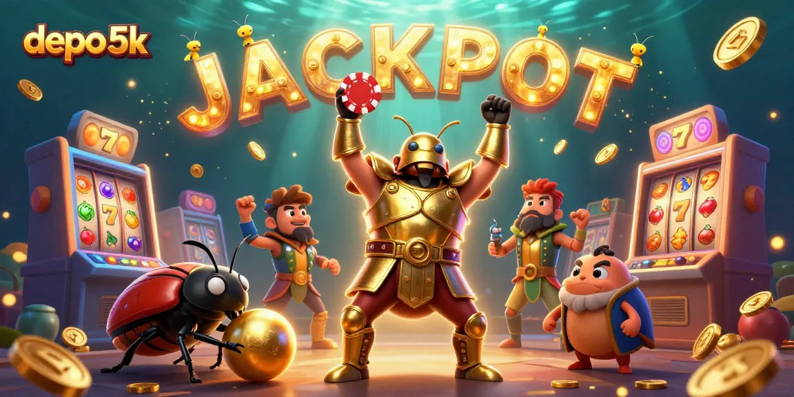 Engage in thrilling gameplay with depo 5k at this colorful casino-themed illustration of victory and jackpots.