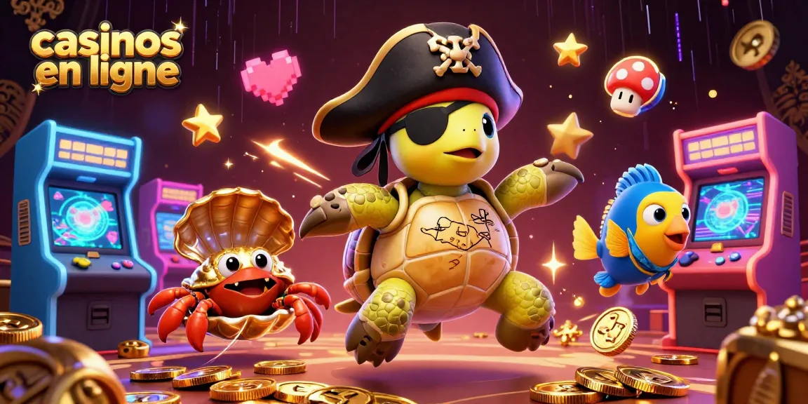 Jouez à des jeux dans les casinos en ligne avec une tortue pirate stylisée flottant au-dessus d'un trésor.[...]