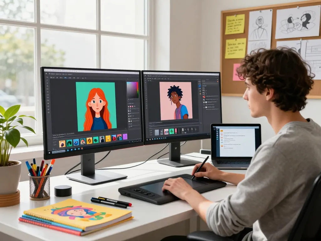 Artist using the nano banana pro AI image editor in a vibrant creative workspace with dual screens.
