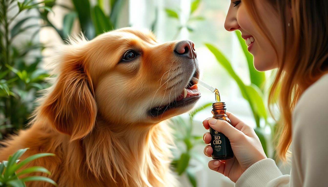 Administering CBD For Pet to a golden retriever in a warm, inviting environment.