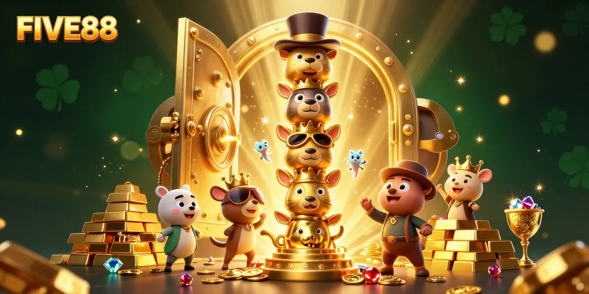 Experience thrilling FIVE88 casino excitement with a vibrant 3D illustration of animated gaming elements.