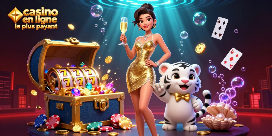 La scène glamour met en avant un casino en ligne le plus payant où les joueurs profitent de gains élevés au milieu de pièces d'or et de personnages ludiques.
