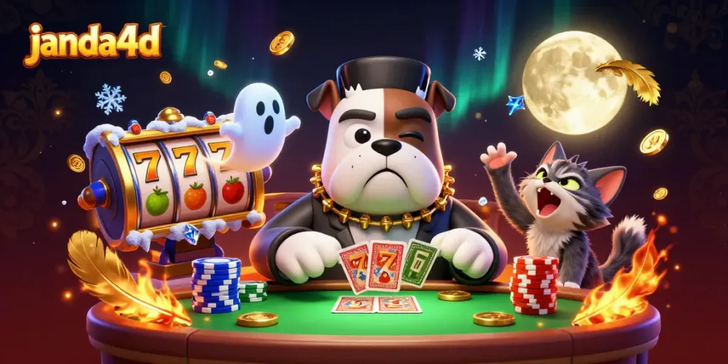 JANDA4D menampilkan suasana kasino dengan slot reels dan karakter unik dalam permainan.