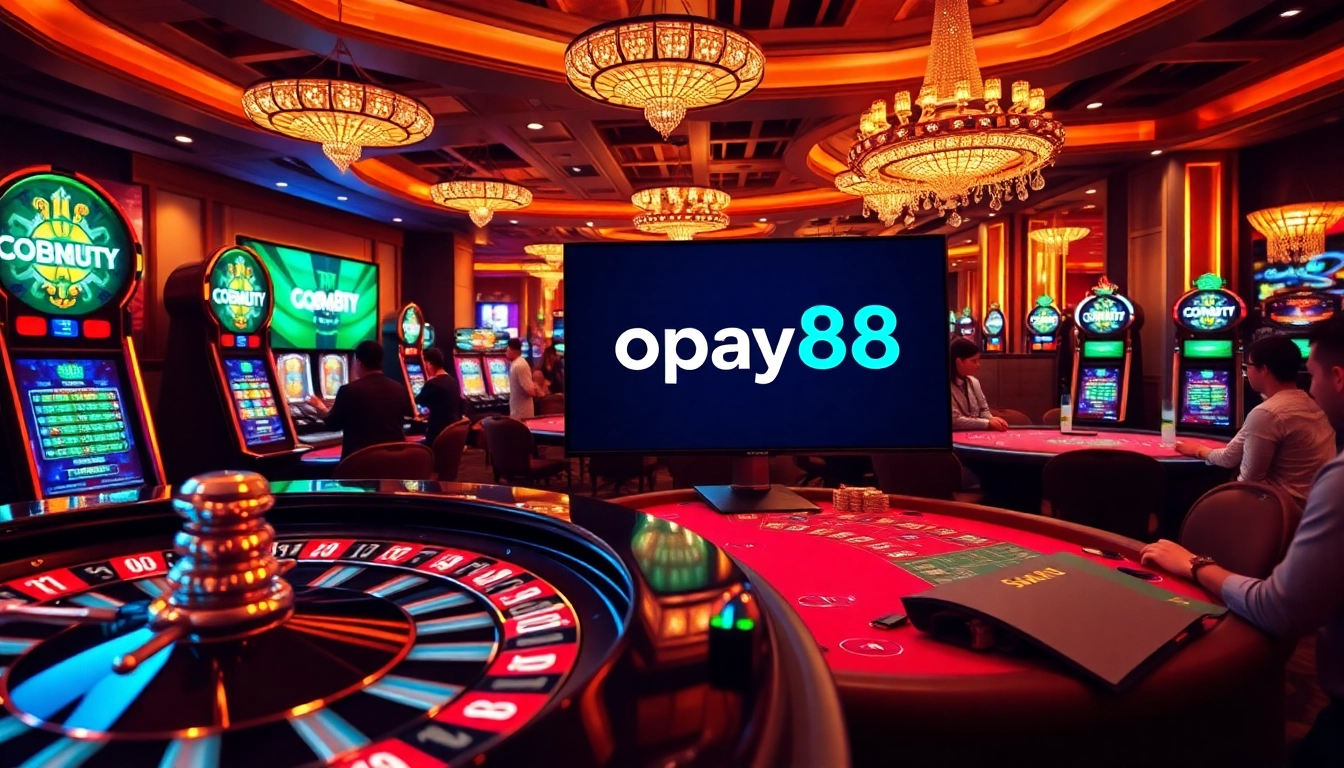 Experience the excitement of Gopay88 with a vivid online casino scene featuring roulette and poker tables.