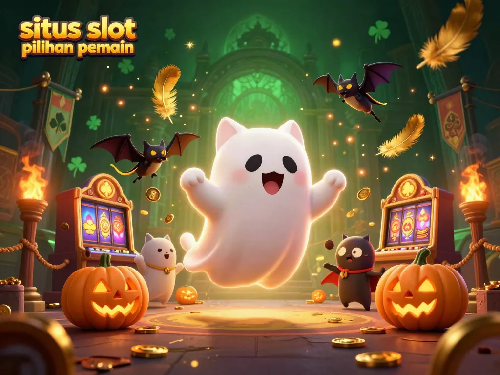 Visualisasi ceria "situs slot pilihan pemain" yang menunjukkan kucing hantu dan kelelawar berkelana di kasino.