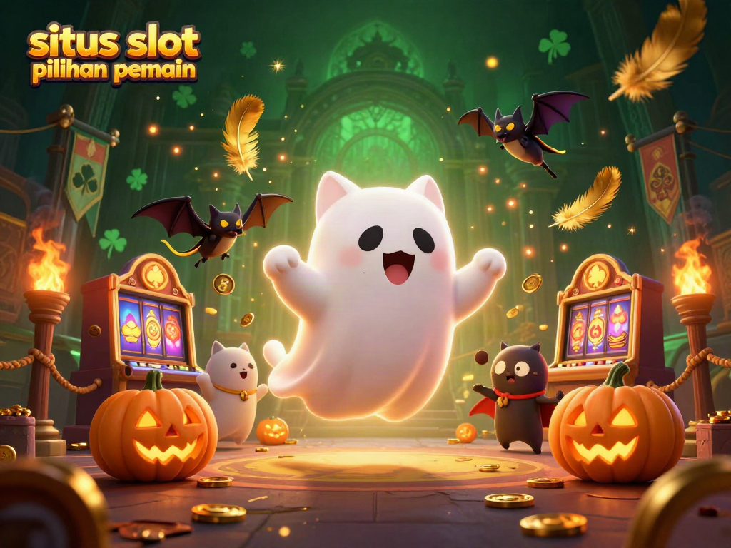 Visualisasi ceria "situs slot pilihan pemain" yang menunjukkan kucing hantu dan kelelawar berkelana di kasino.