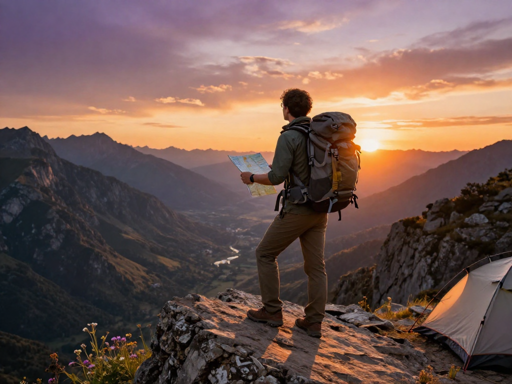 Motchill traveler on a cliff at sunset, embracing adventure.