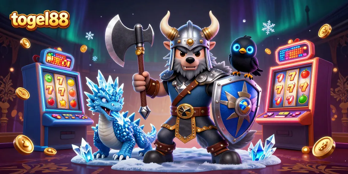 Experience thrilling action with togel88 slots amidst a Viking wolf warrior and dragon.