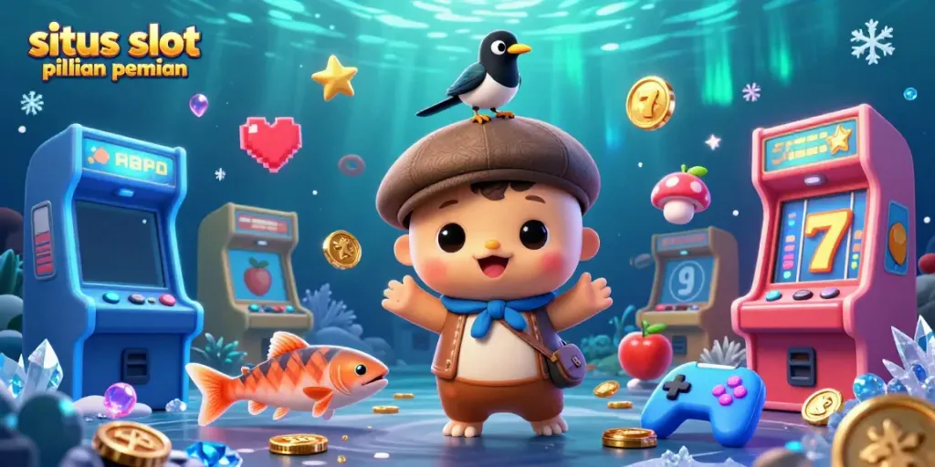 Menampilkan permainan slot terpopuler di situs slot pilihan pemain dengan karakter lucu dan elemen kasino yang berwarna-warni.