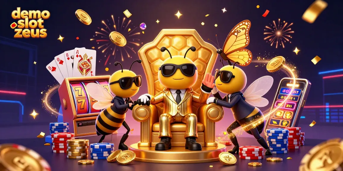 Engage with demo slot zeus while watching cartoon characters amid coins and vibrant casino elements.