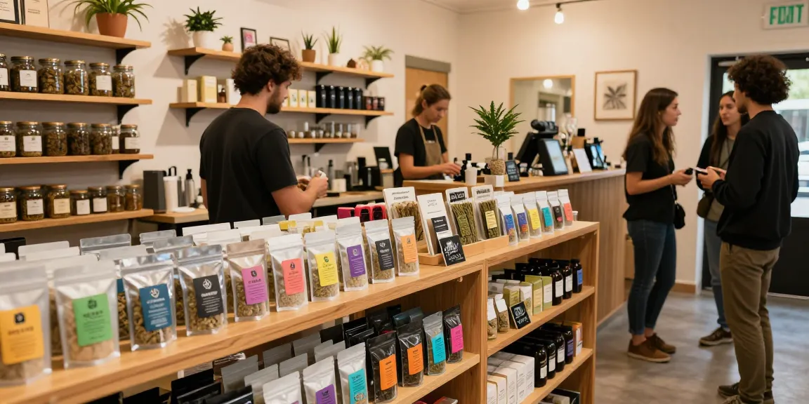 Explore how to buy weed shake online with premium products showcased in a cozy cannabis shop.