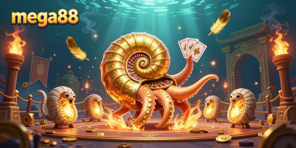Mega88 menampilkan peluang menarik dengan karakter nautilus dan elemen kasino berkilau.