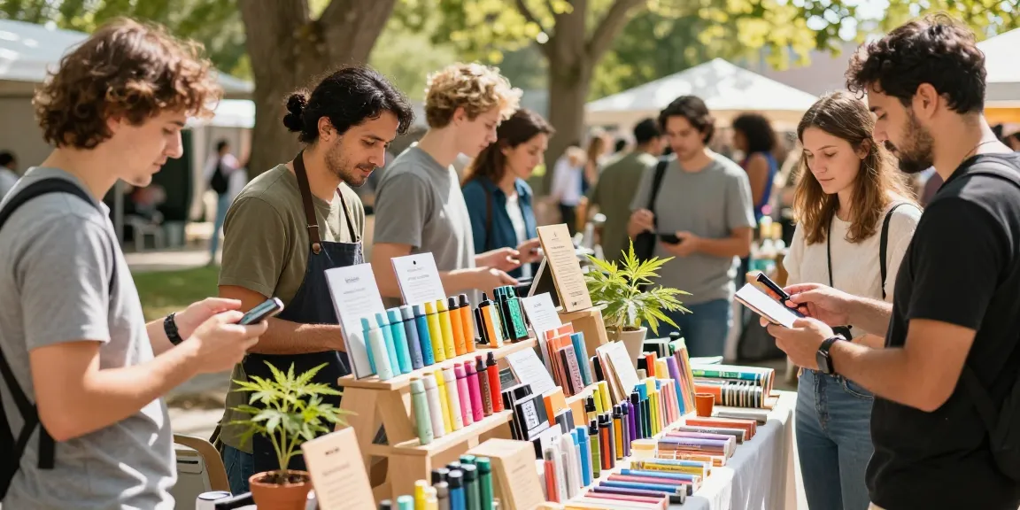 Cheap disposable vapes displayed at an outdoor market, highlighting organic quality and community atmosphere.