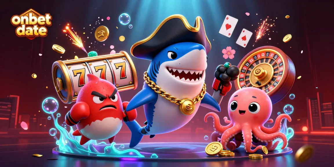 Bet on the vibrant onbet date scene featuring a 3D cartoon pirate shark, showcasing slot reels and casino elements.
