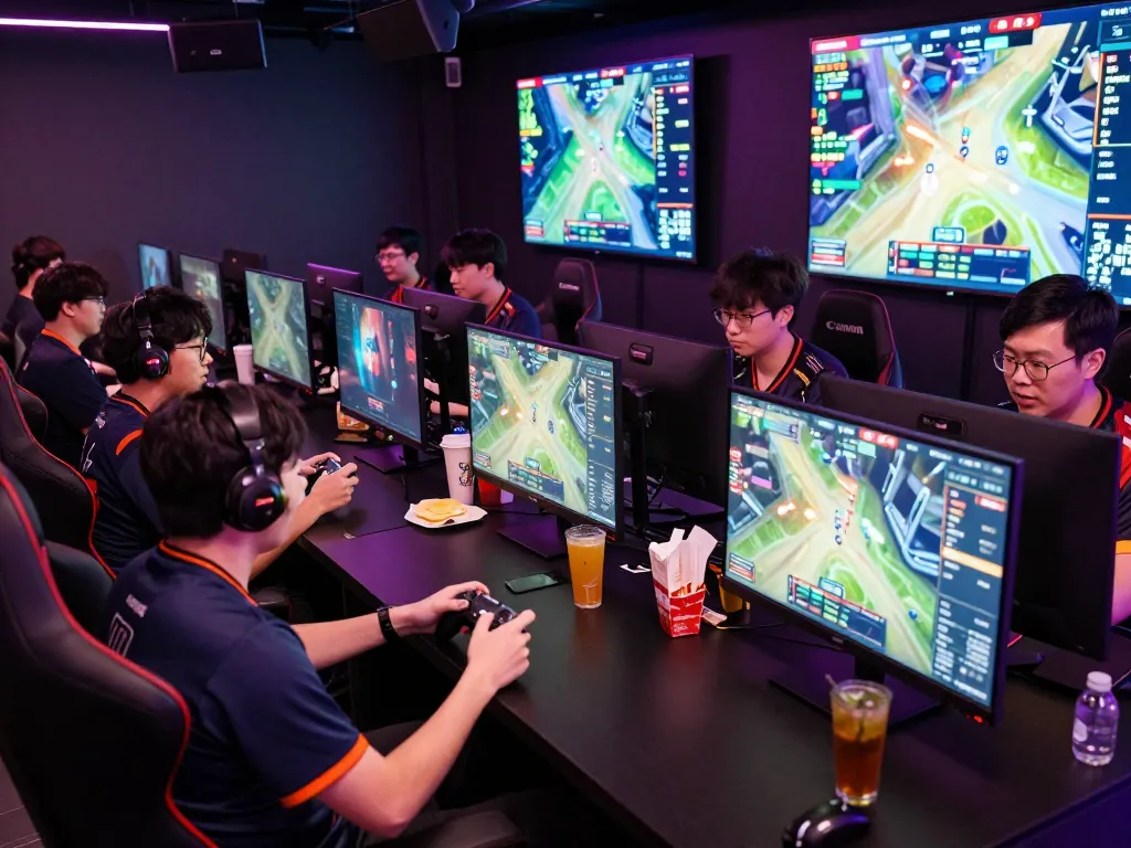 Exciting esports betting Singapore scene with gamers analyzing live matches and odds in a high-energy environment