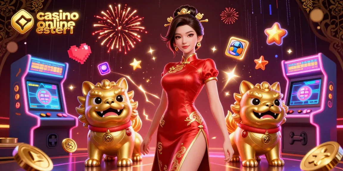 Gioca a giochi entusiasmanti presso casino online esteri con una donna asiatica glamour, cani foo dorati e fuochi d'artificio vibranti.