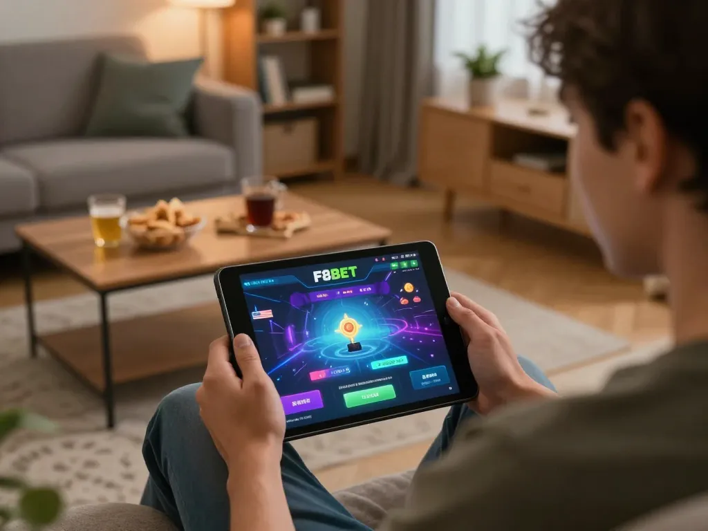Player enjoying F8BET online gaming on a tablet in a cozy living room, highlighting responsible gambling.