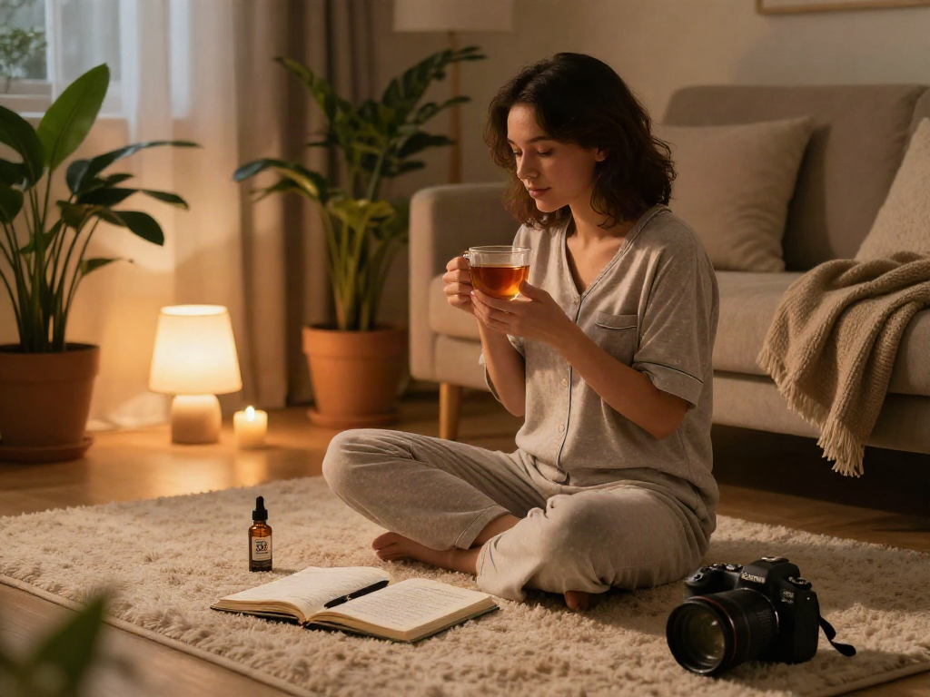 Muha med CBD oil tincture beside tea, wellness evening relaxation scene.