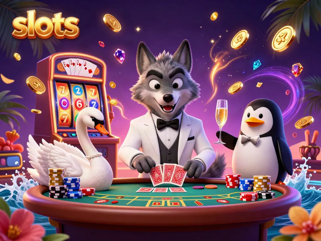 Experience thrilling slots action with a debonair wolf, elegant swan, and sophisticated penguin in a vibrant casino setting.