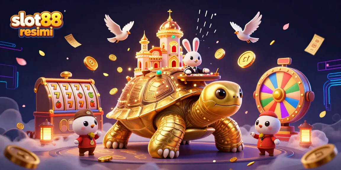Bermain di slot88 resmi dengan pemandangan cerah dari kasino kura-kura emas, elemen berwarna-warni, dan aksi yang hidup.