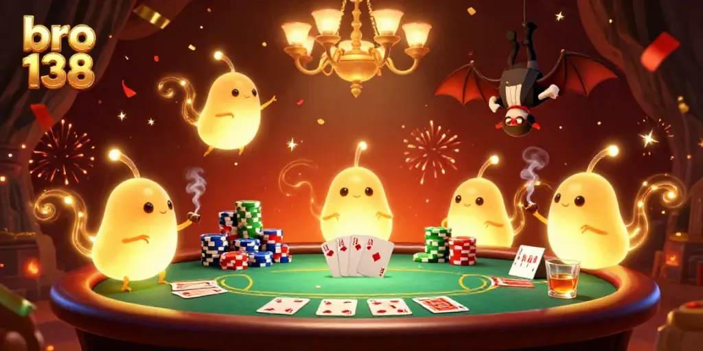 Experience the excitement of bro 138 casino gaming with glowworms and a bat dealer in a vibrant cave setting.