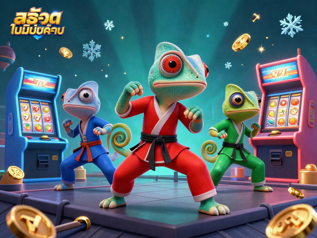 Engage in สล็อตไม่มีขั้นต่ำ with chameleon warriors battling amidst vibrant casino elements.