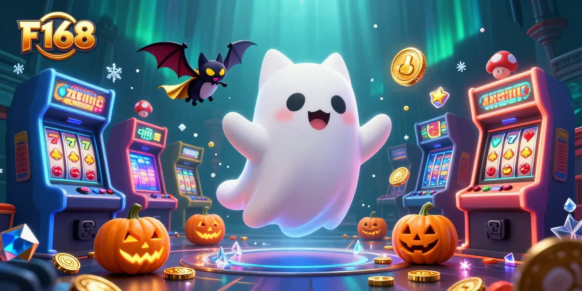 Experience the thrills of F168 with the ghost cat and vampire bat in a vibrant casino scene.