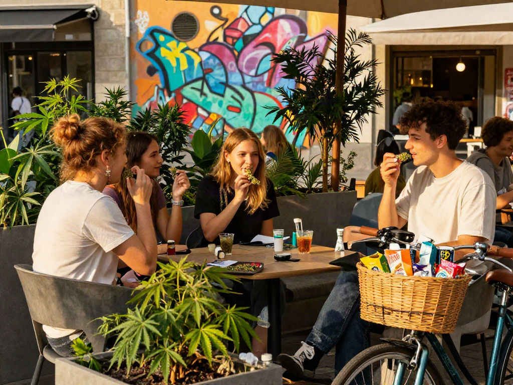 Young adults enjoying cannabis culture in Munich's vibrant cafés, Weed Munich lifestyle scene.
