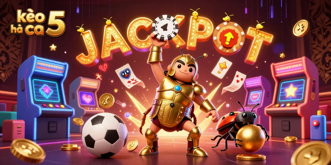 Engaging scene showing kèo nhà cái 5 sports betting with a cartoon beetle lifting a poker chip, capturing excitement.