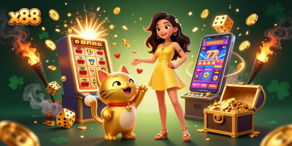 x88 offers a vibrant casino scene of winning smiles, dynamic slot machines, and golden lucky cats.
