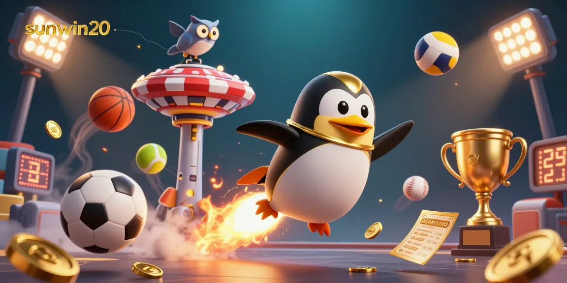 Bet on exciting games at sunwin20 with a dynamic scene featuring a golden penguin soaring to a casino.